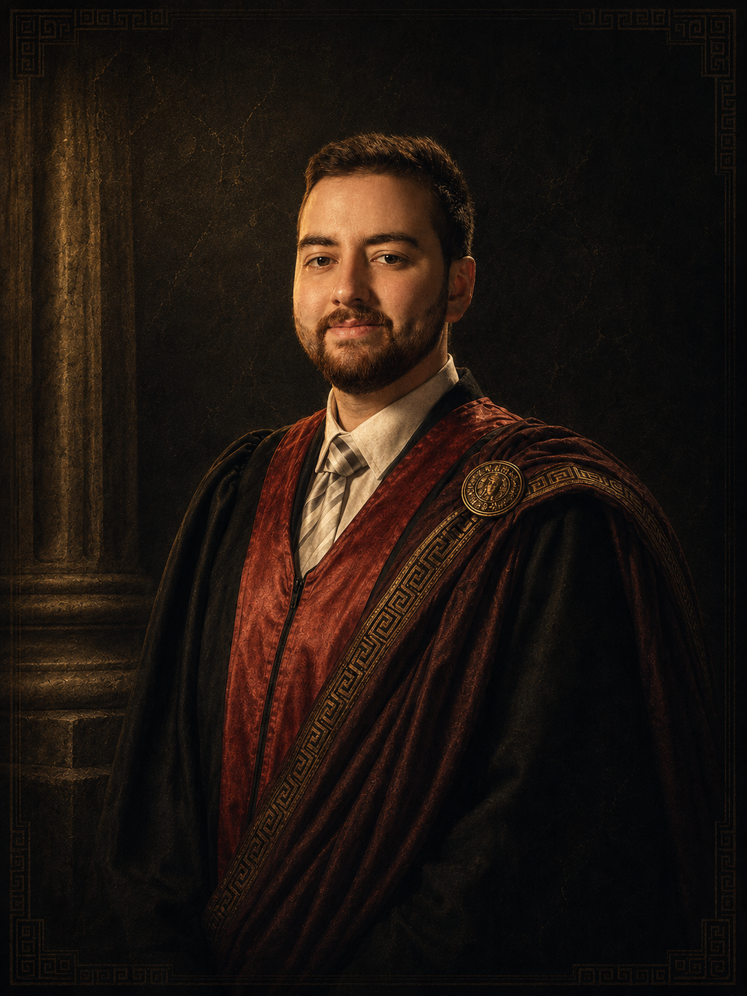 Portrait of Abdulrahman Al-Essa in a scholar's robe with a Roman column behind